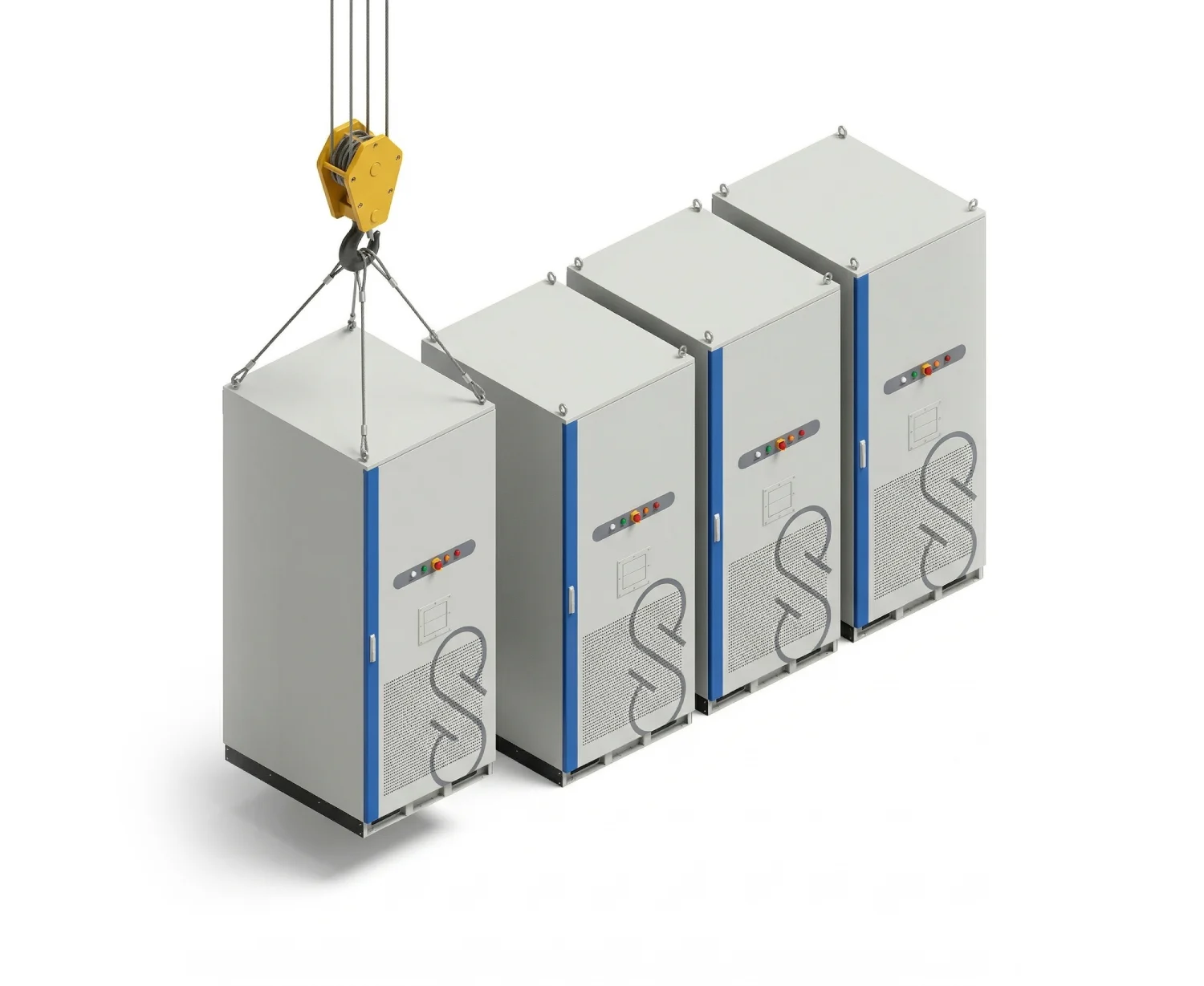 Crane installing modular BESS units sized to the facility grid connection