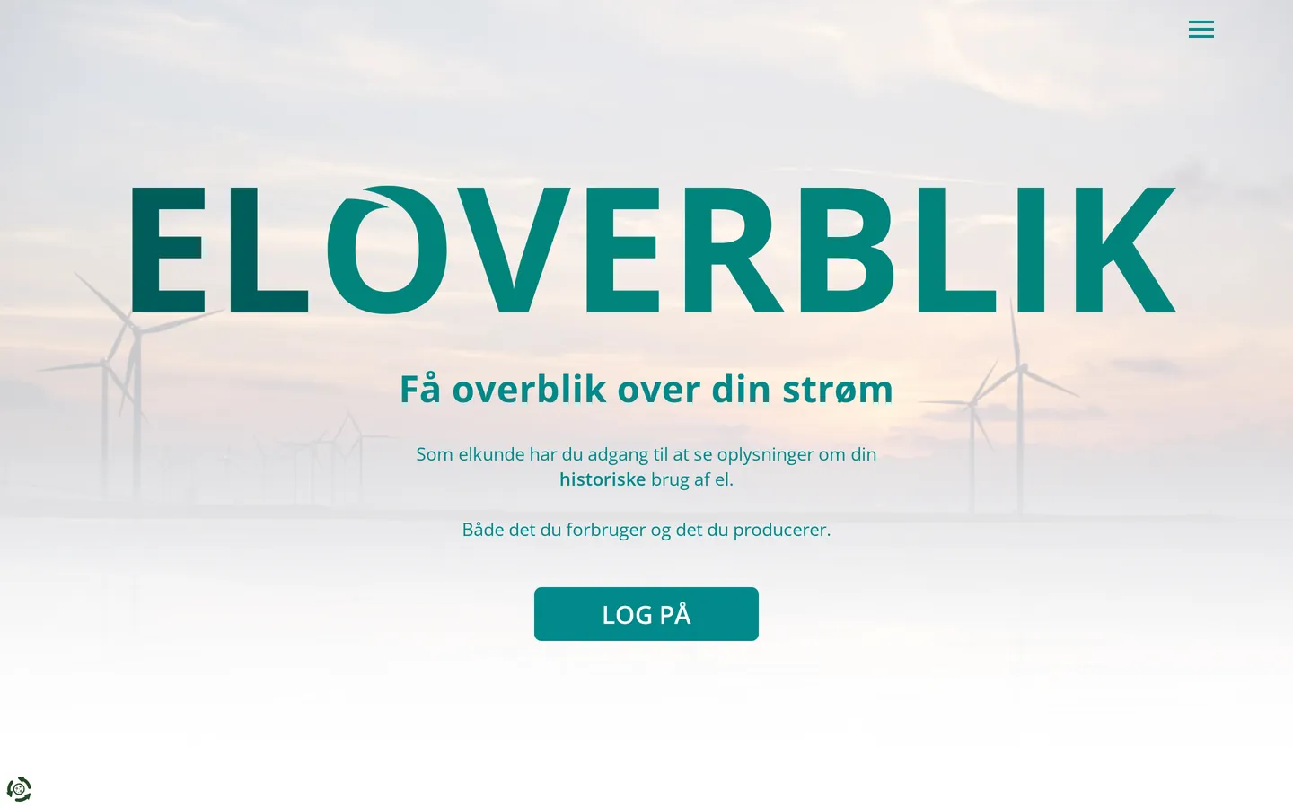 The eloverblik.dk front page with the “Log på” button in the middle